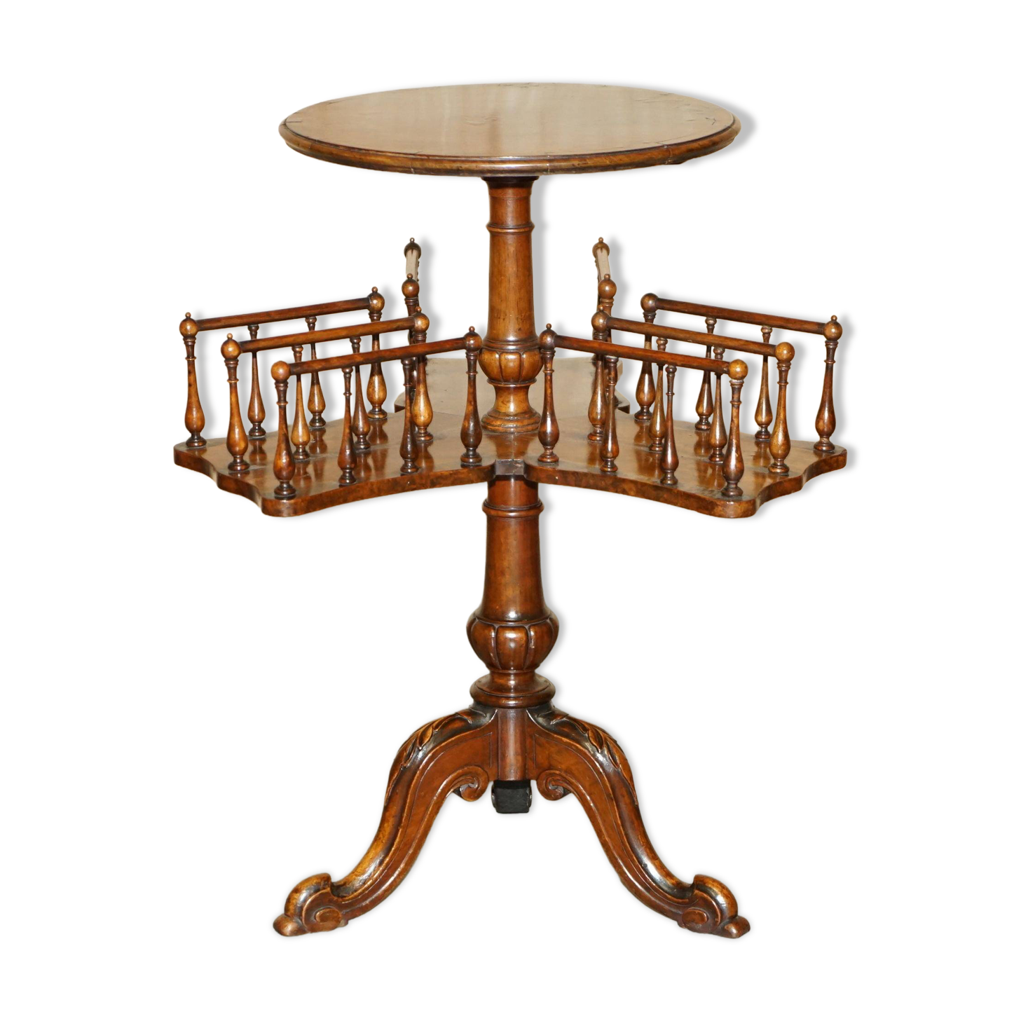 Table bibliothèque tournante victorienne en noyer burl restaurée