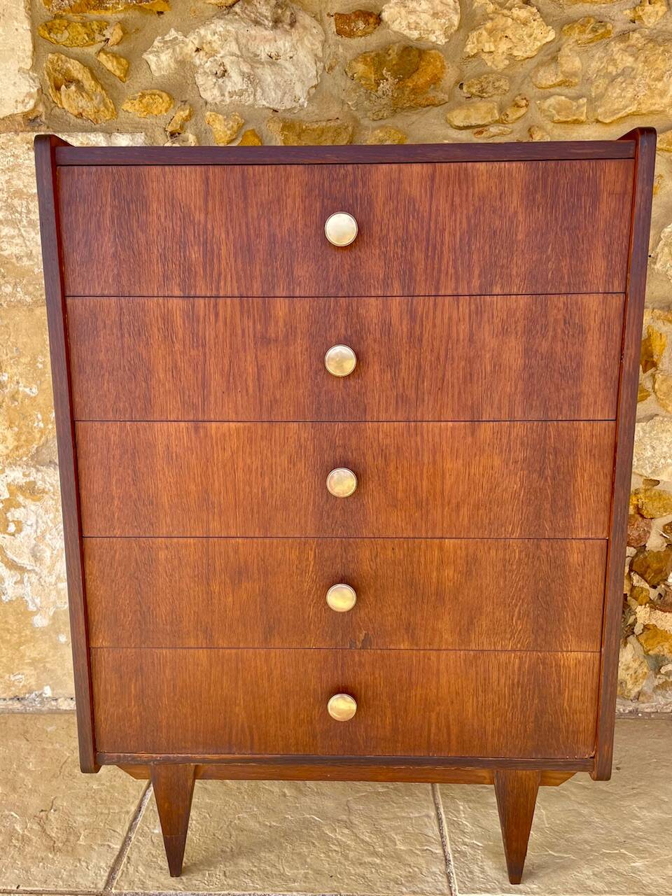Commode haute vintage en chêne  à 5 tiroirs, circa 1950s