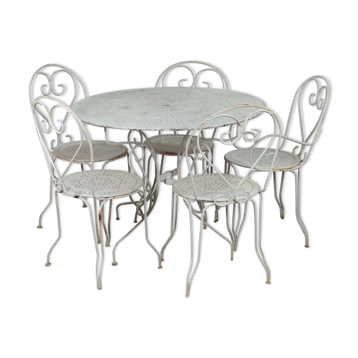 Table de jardin et chaises fer forgé blanc ancien