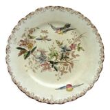 Polychrome dessert plate signed onnaing, birds, butterflies and flowers