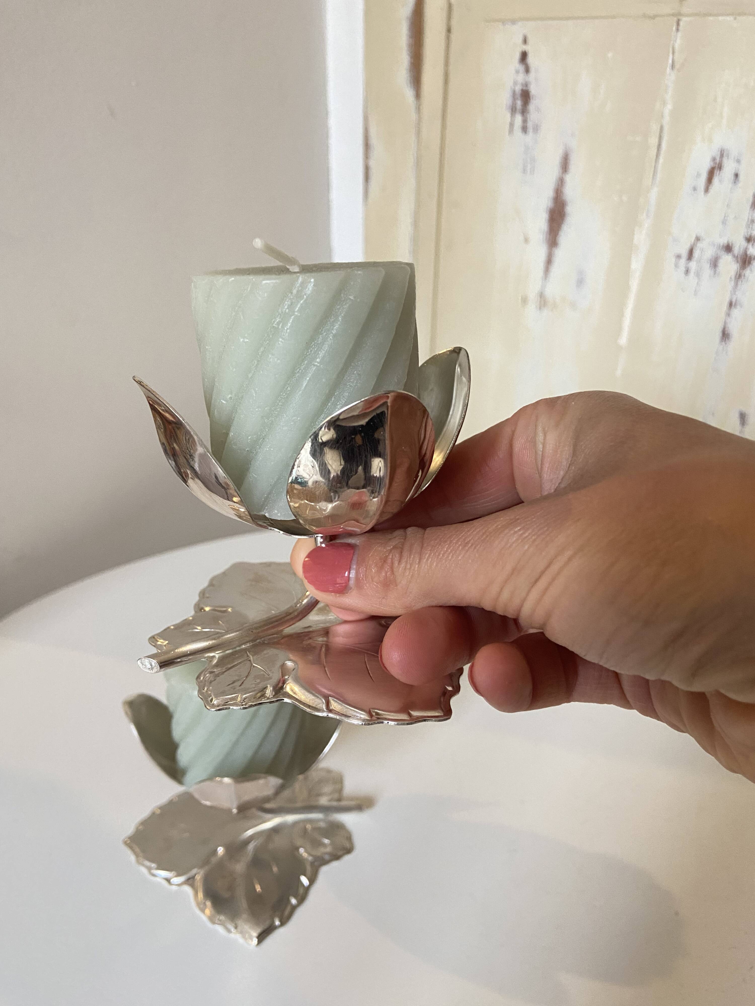 Set of 2 Silver Candle Holders - Tulip Shape on Vine Leaf