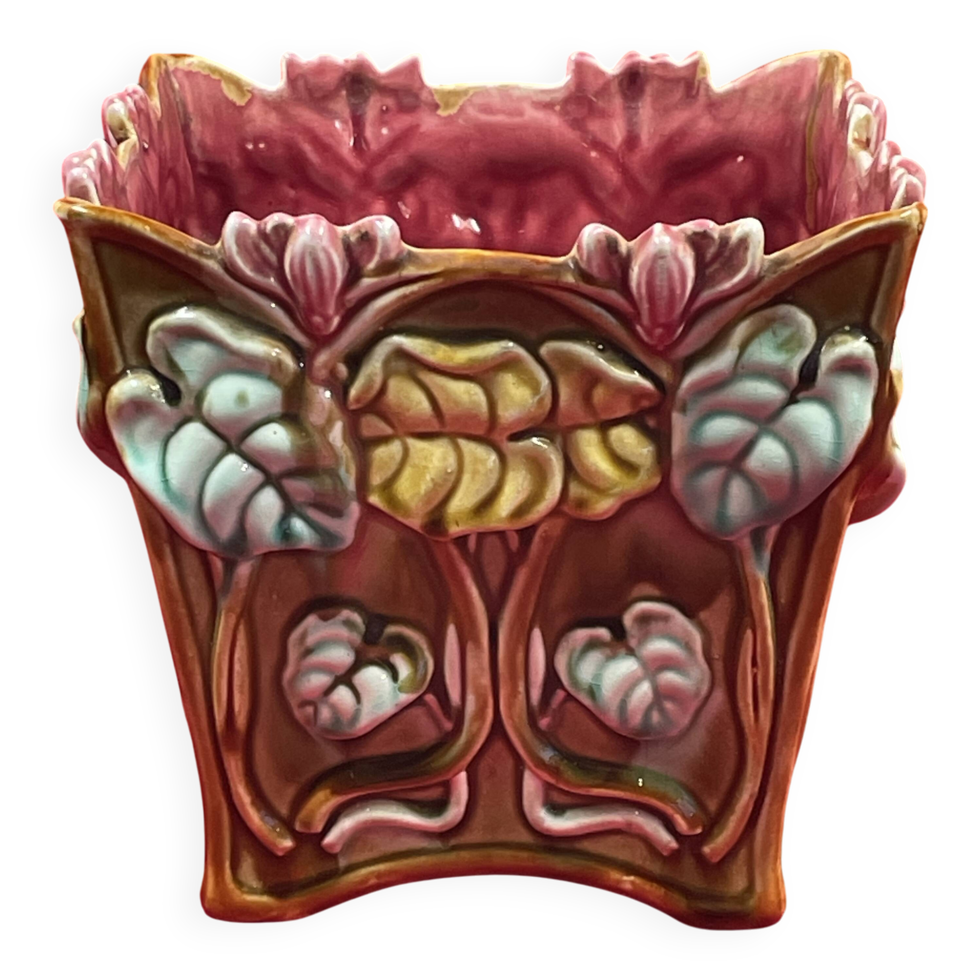 Barbotine flower pot with cyclamen floral decoration - Onnaing - Height 16 cm