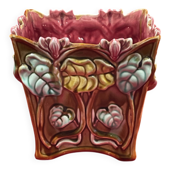 Barbotine flower pot with cyclamen floral decoration - Onnaing - Height 16 cm