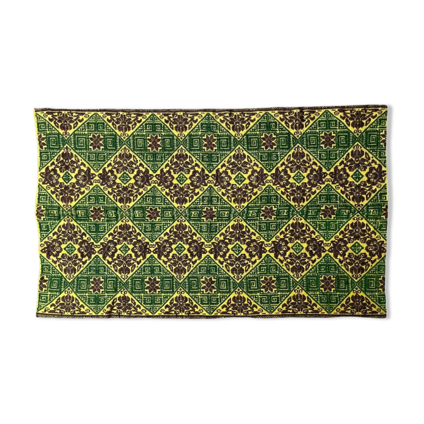 Green and yellow handmade rug with delicate colourful flowers