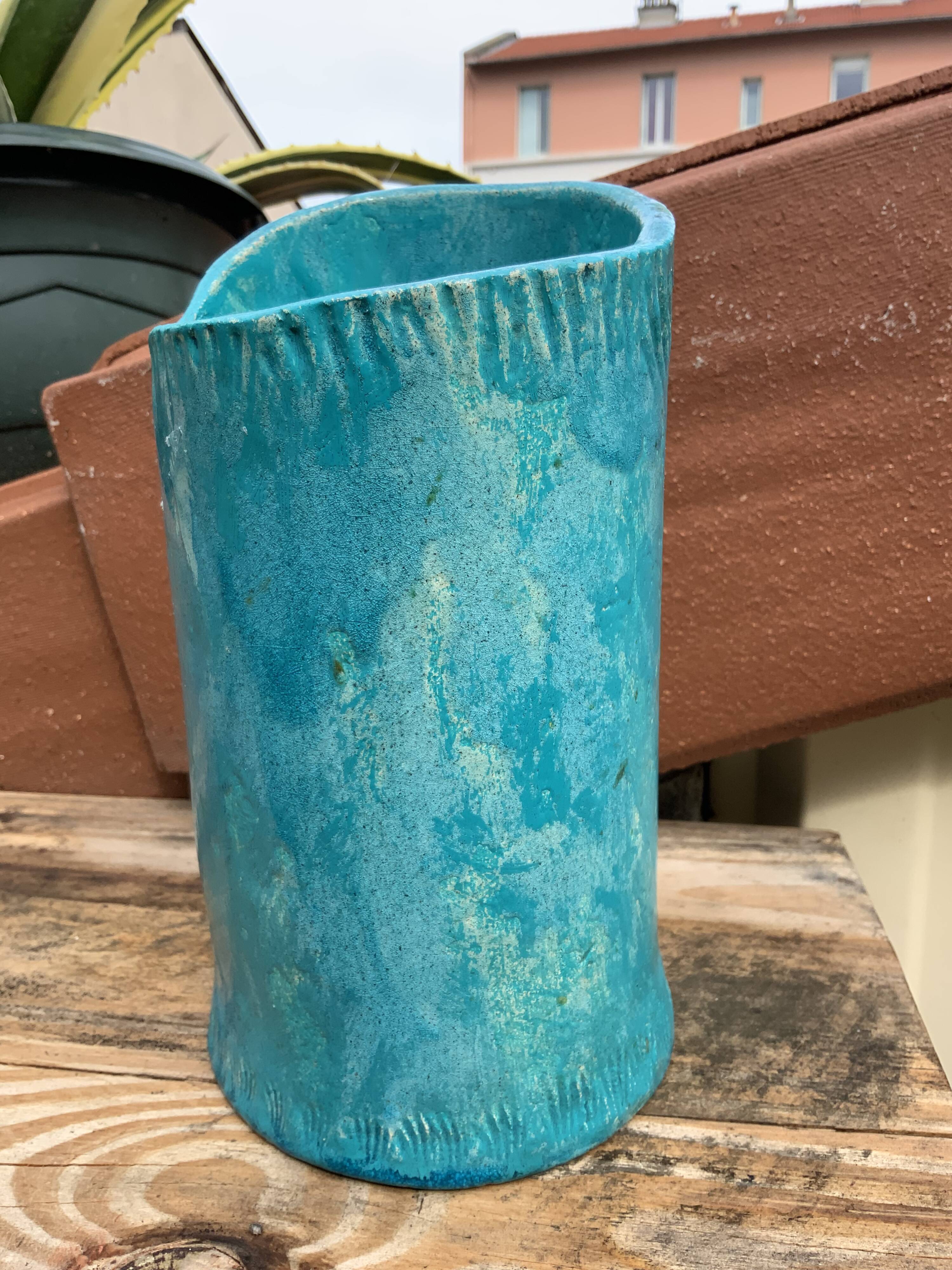 Vintage blue soliflore ceramic vase signed AI