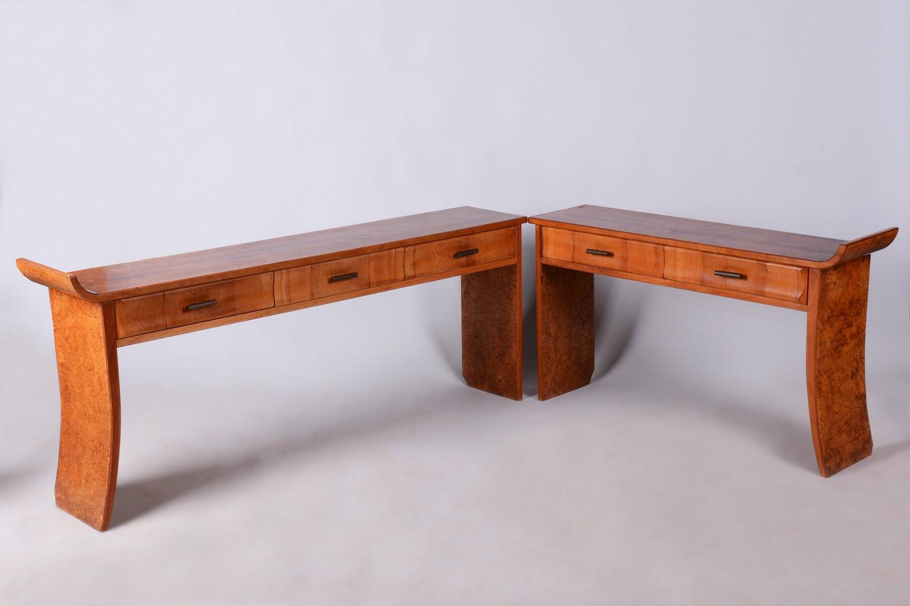 Console Tables in Walnut and Cherry, Czech, 1920s, Set of 2
