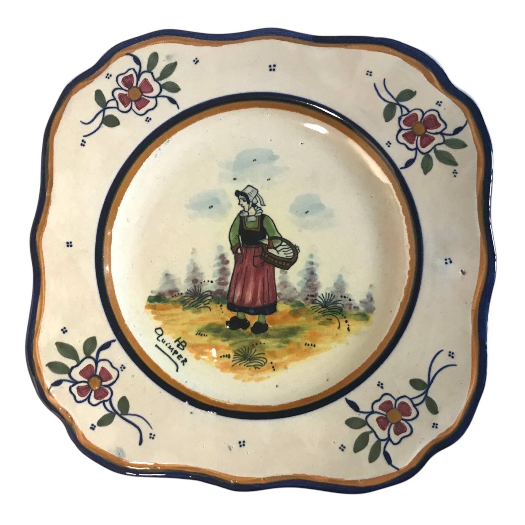 Quimper HB two square plates of Breton peasants from the early 20th century