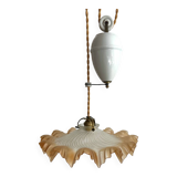 Opaline glass pendant light in ochre frilly glass, rises and falls