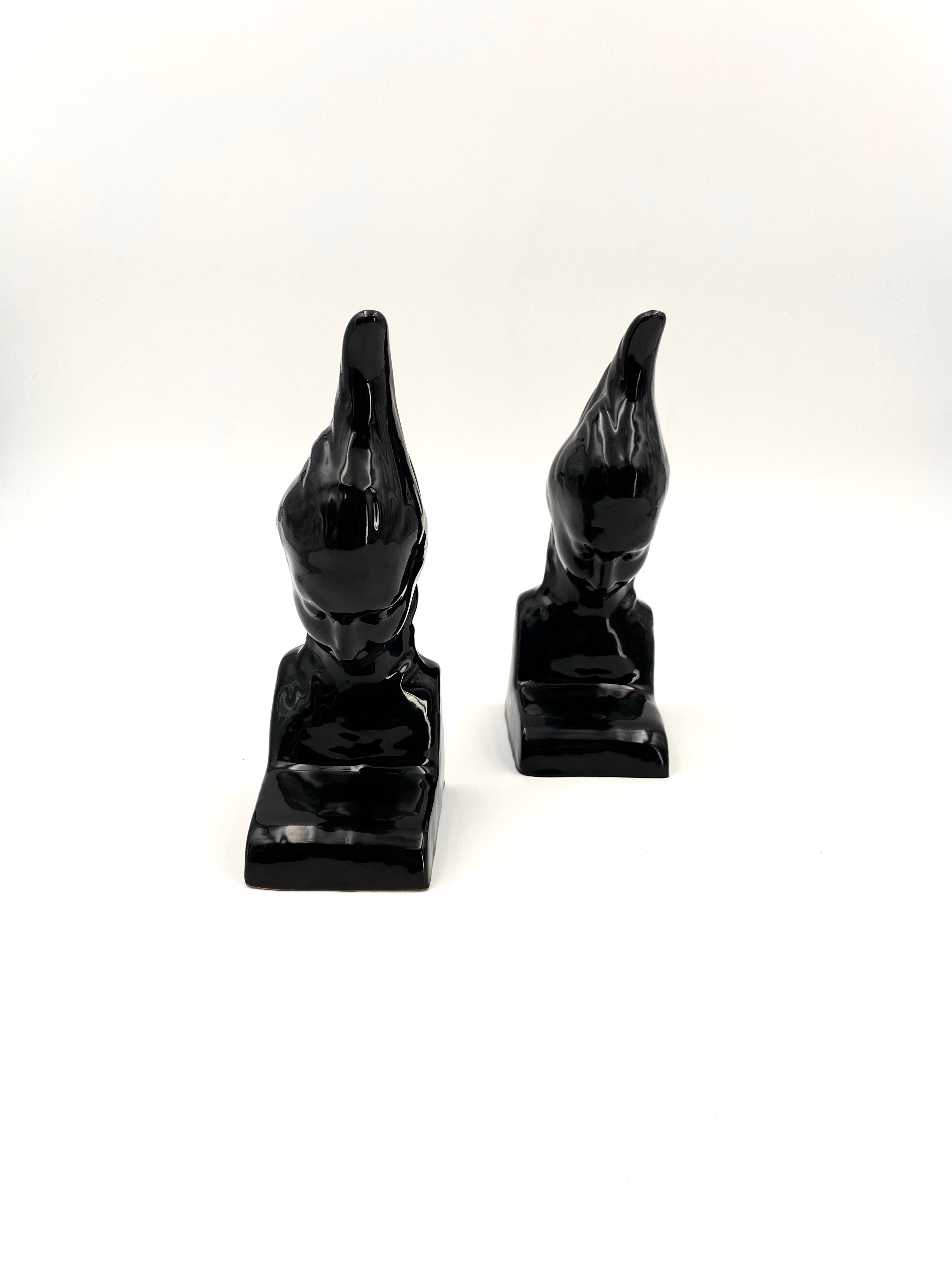 Angelo Minghetti, Art Déco black enamel Bookends, circa 1920, Signed