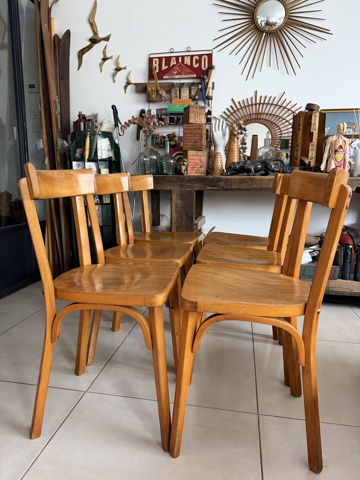 Set of 6 vintage wooden bistro chairs by Baumann