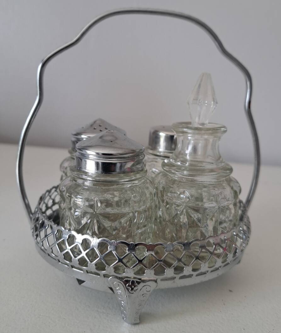 Service à condiments vintage en verre et métal