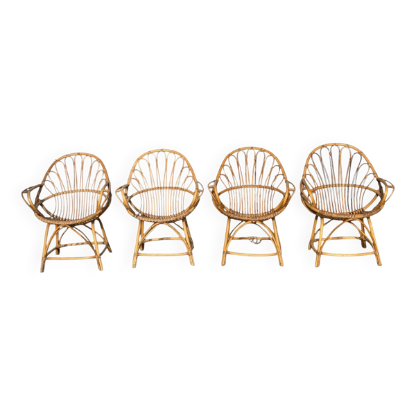 Set de 4 fauteuils en rotin des années 60 France