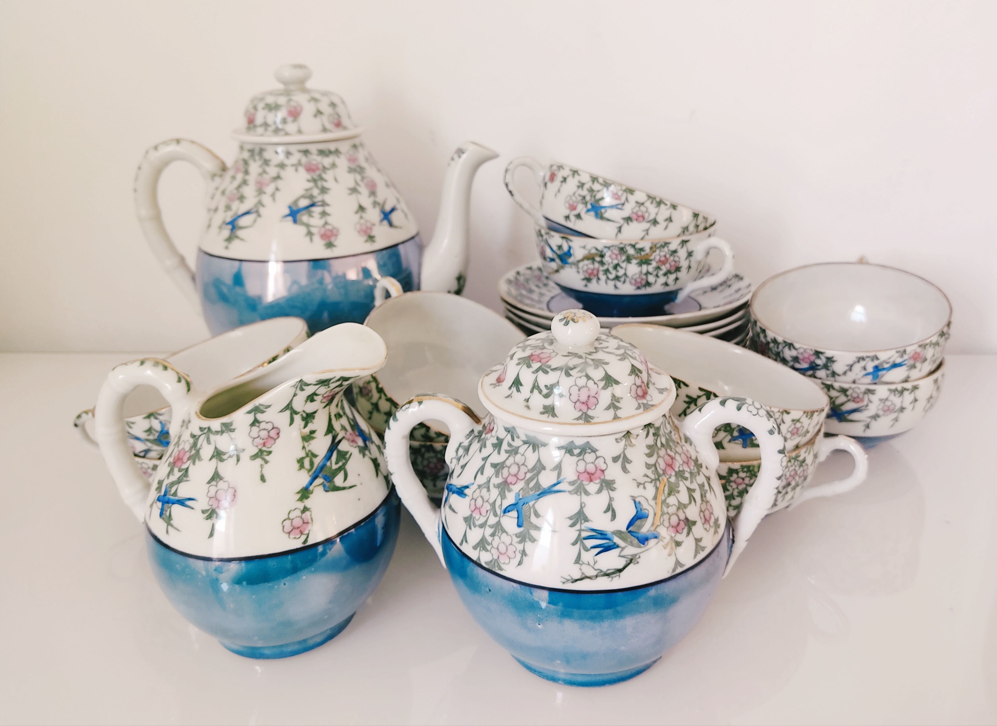 Japanese coffee set 10 cups, milk jar, sugar pot