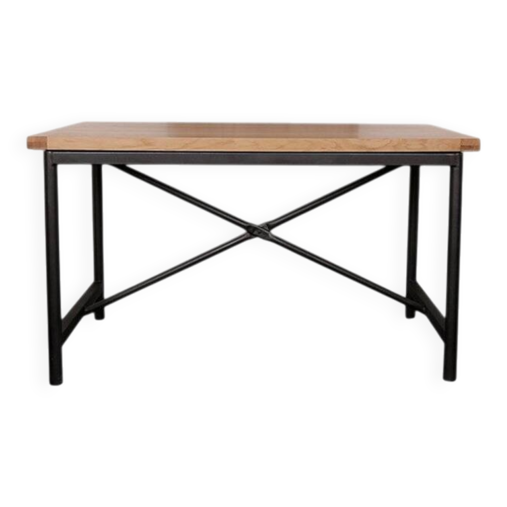 Table à manger industrielle noire à plateau chêne laqué et piétement métal
