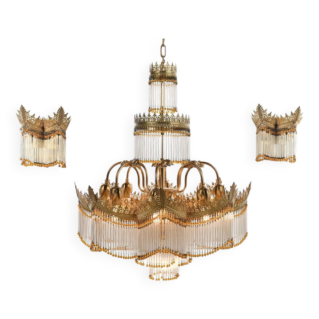 Lustre en bronze doré à pampilles avec appliques assorties | Selency