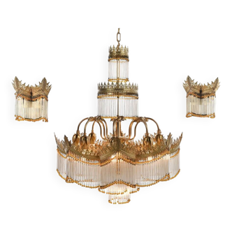 Lustre en bronze doré à pampilles avec appliques assorties