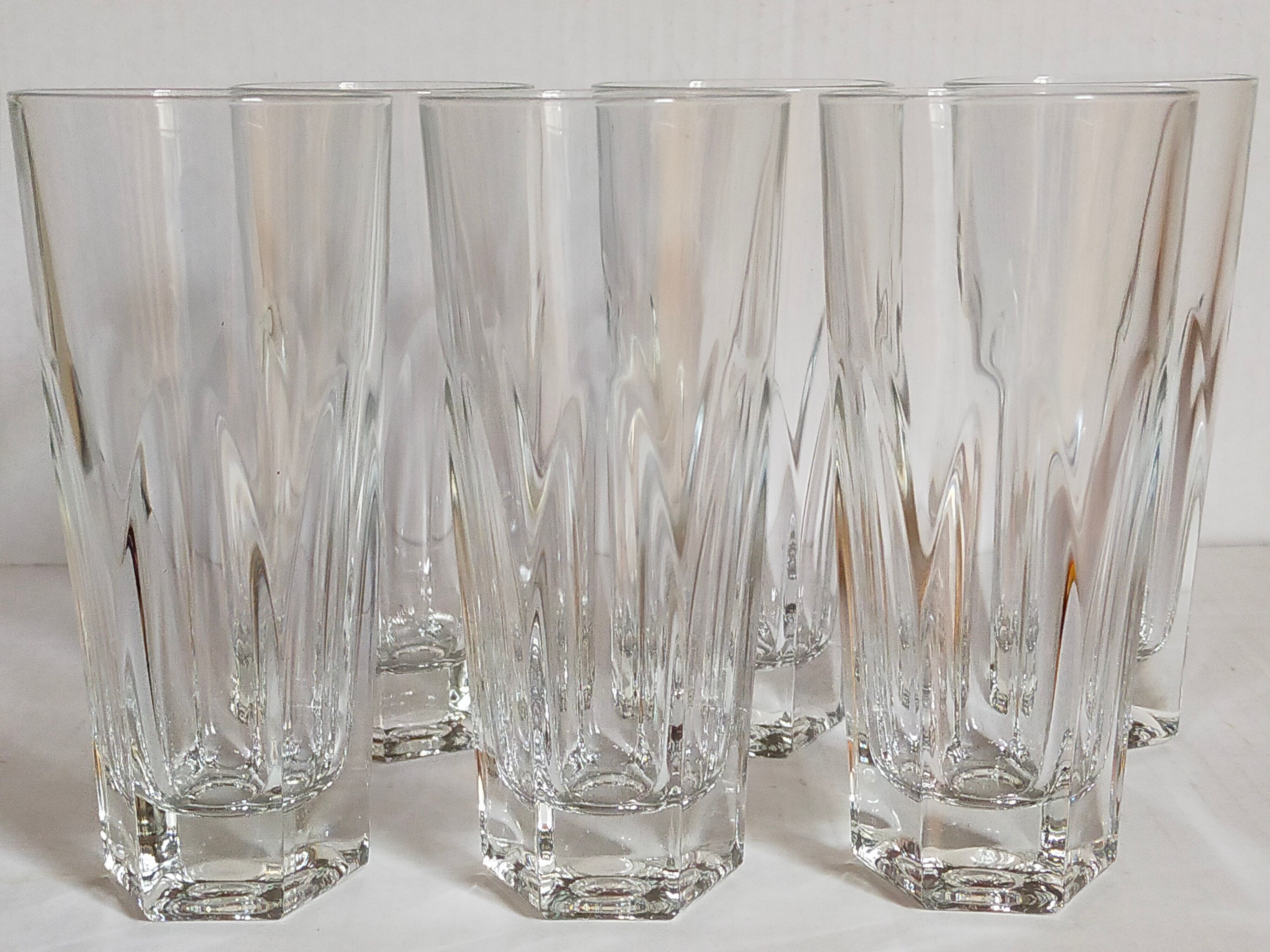 Six Art-Deco long drink glasses in crystal with cut sides