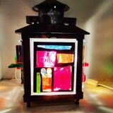 Copper lantern table lamp and 60s multicolored glasses