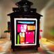 Copper lantern table lamp and 60s multicolored glasses