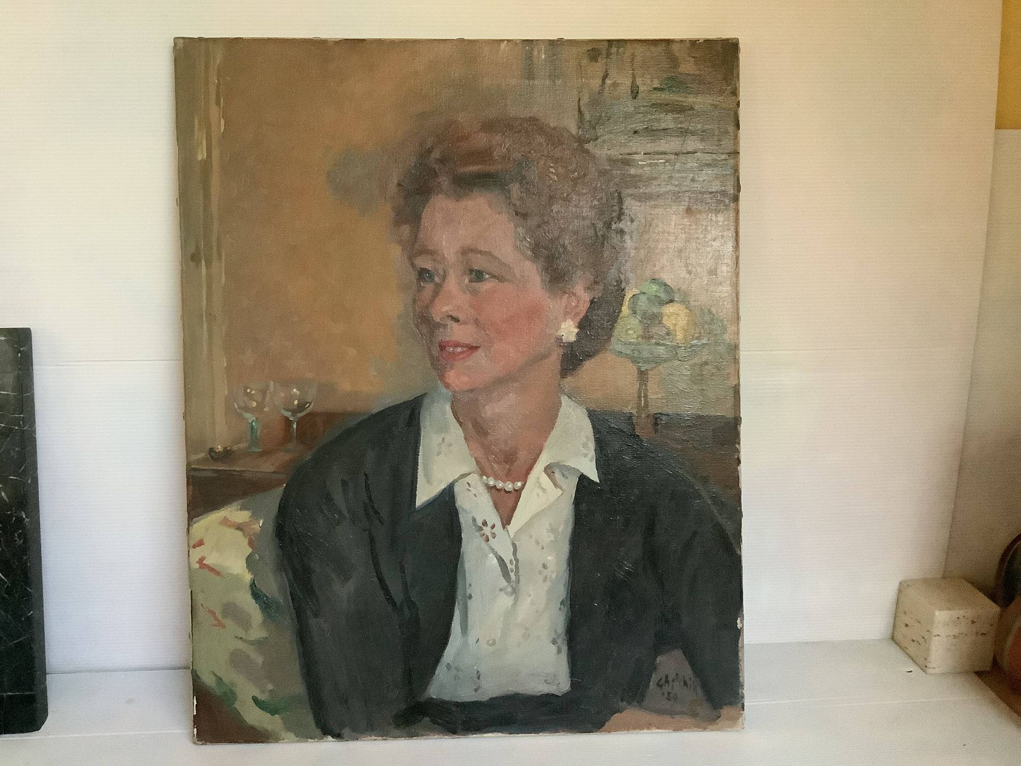 Large portrait painting of a woman, oil on canvas, signed.