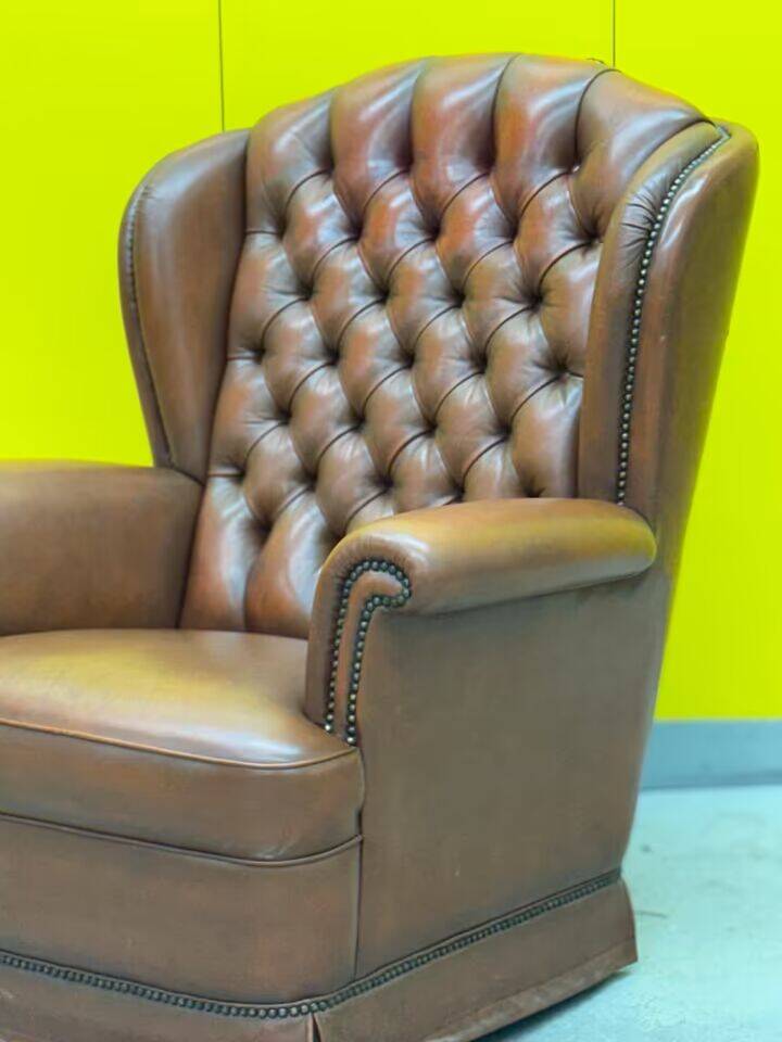 Original English Chesterfield Wingback Chair - Vintage Cognac Leather
