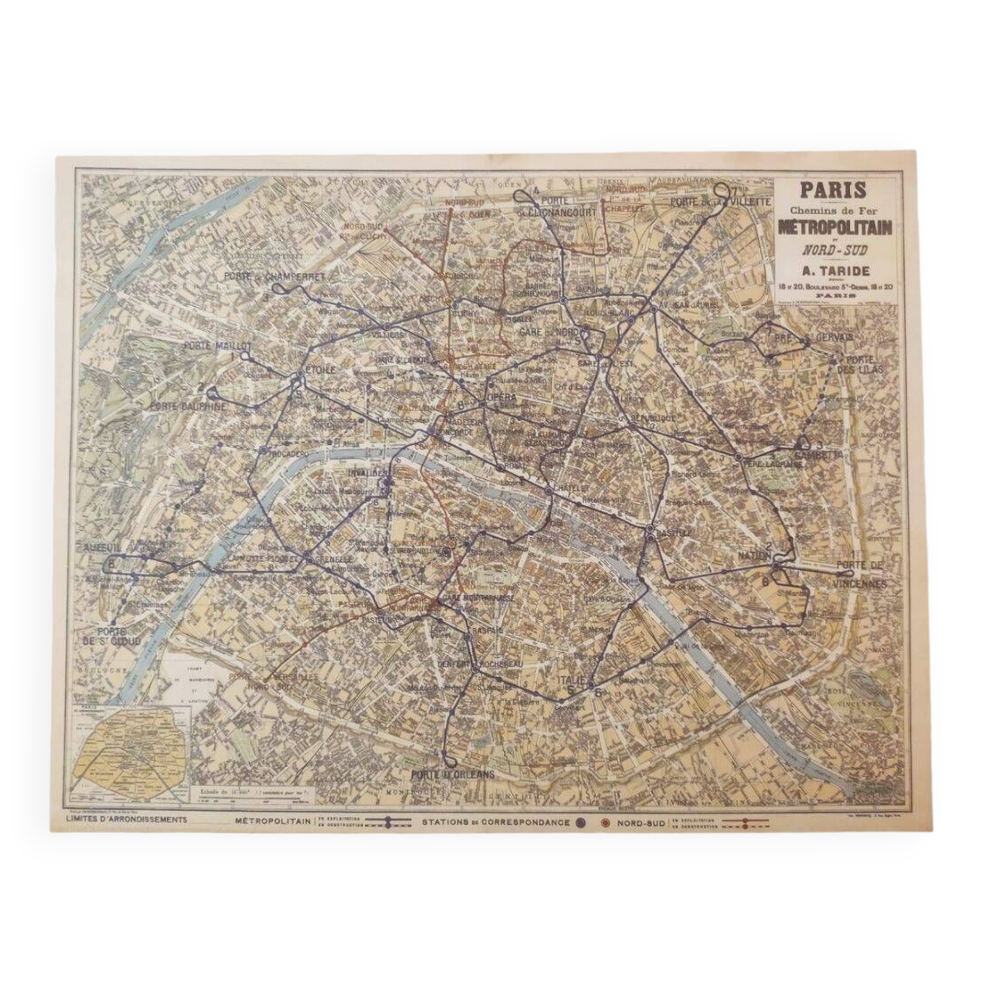 Map of the Paris metro in 1920. Beautiful reproduction to frame