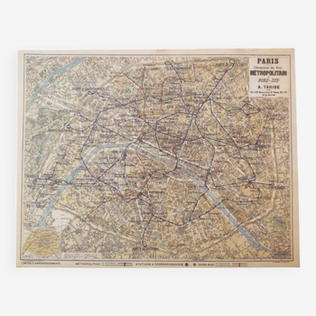 Map of the Paris metro in 1920. Beautiful reproduction to frame
