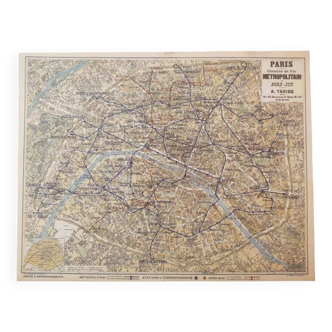 Map of the Paris metro in 1920. Beautiful reproduction to frame