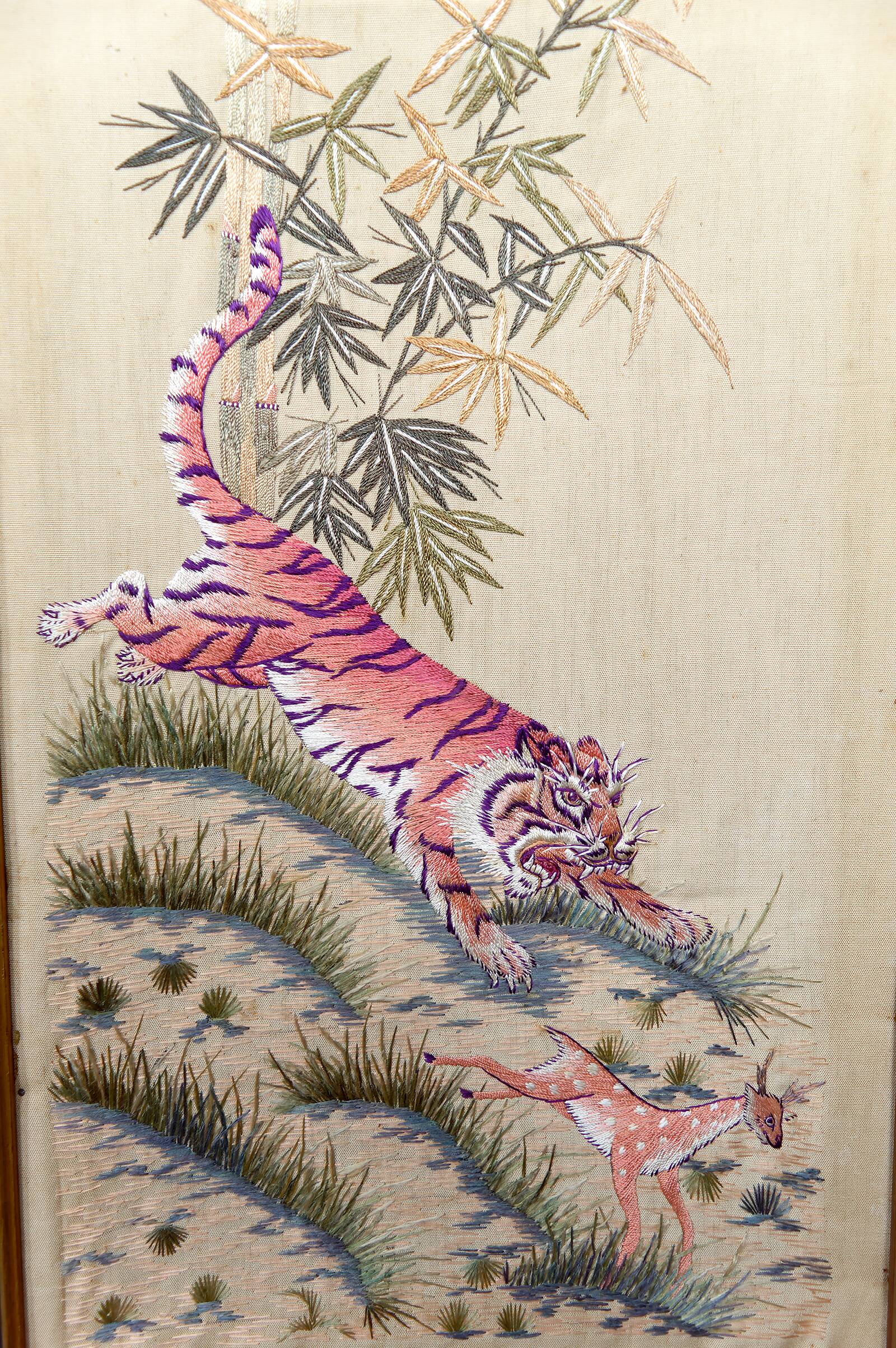 Important Set of Three Indochinese Silk Embroidered Tapestries