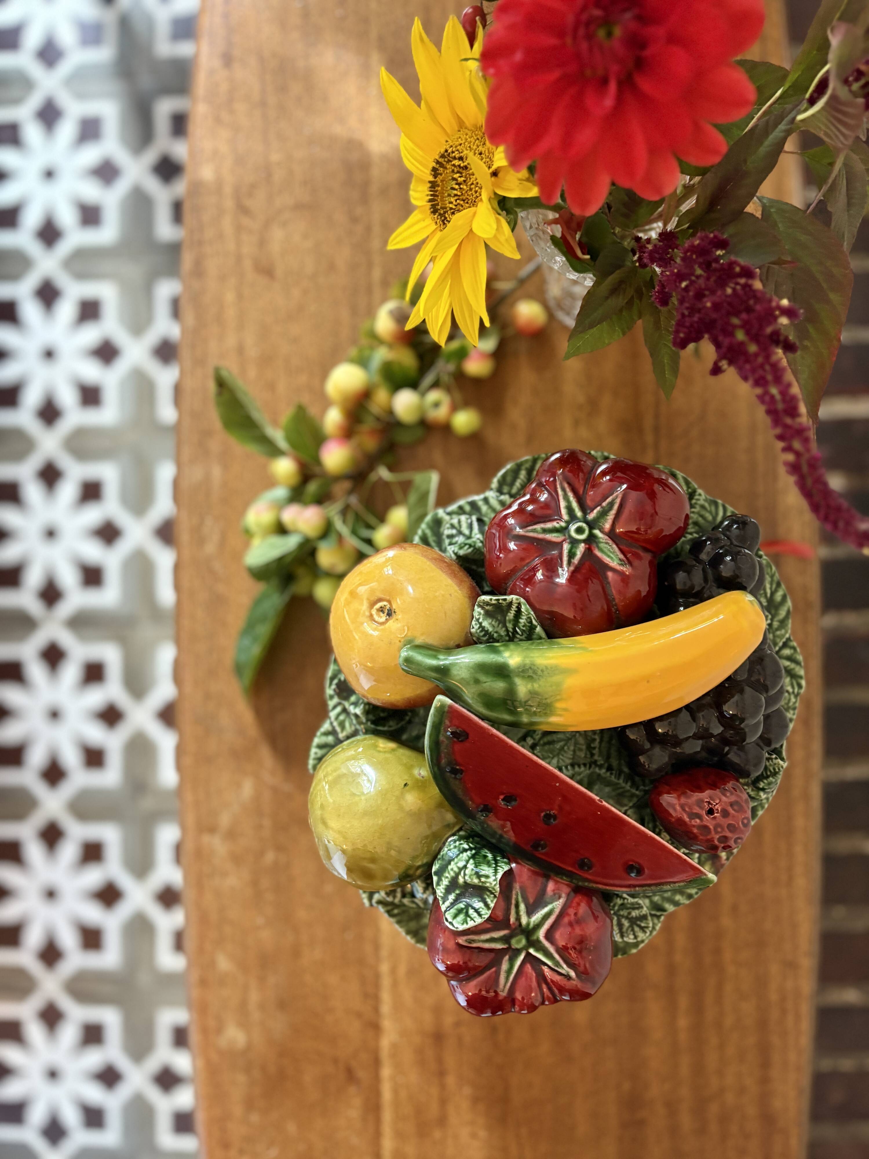 Vintage barbotine dish with fruit decorations