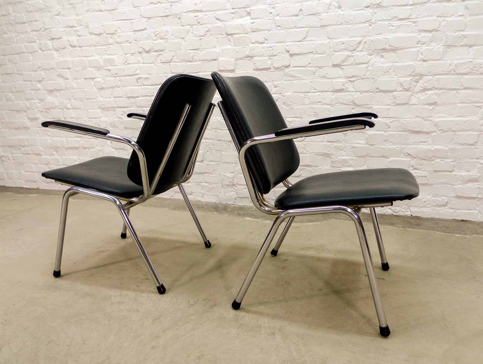 Black Leatherette Dutch Design Gispen Armchairs by Martin de Wit, 1960s.