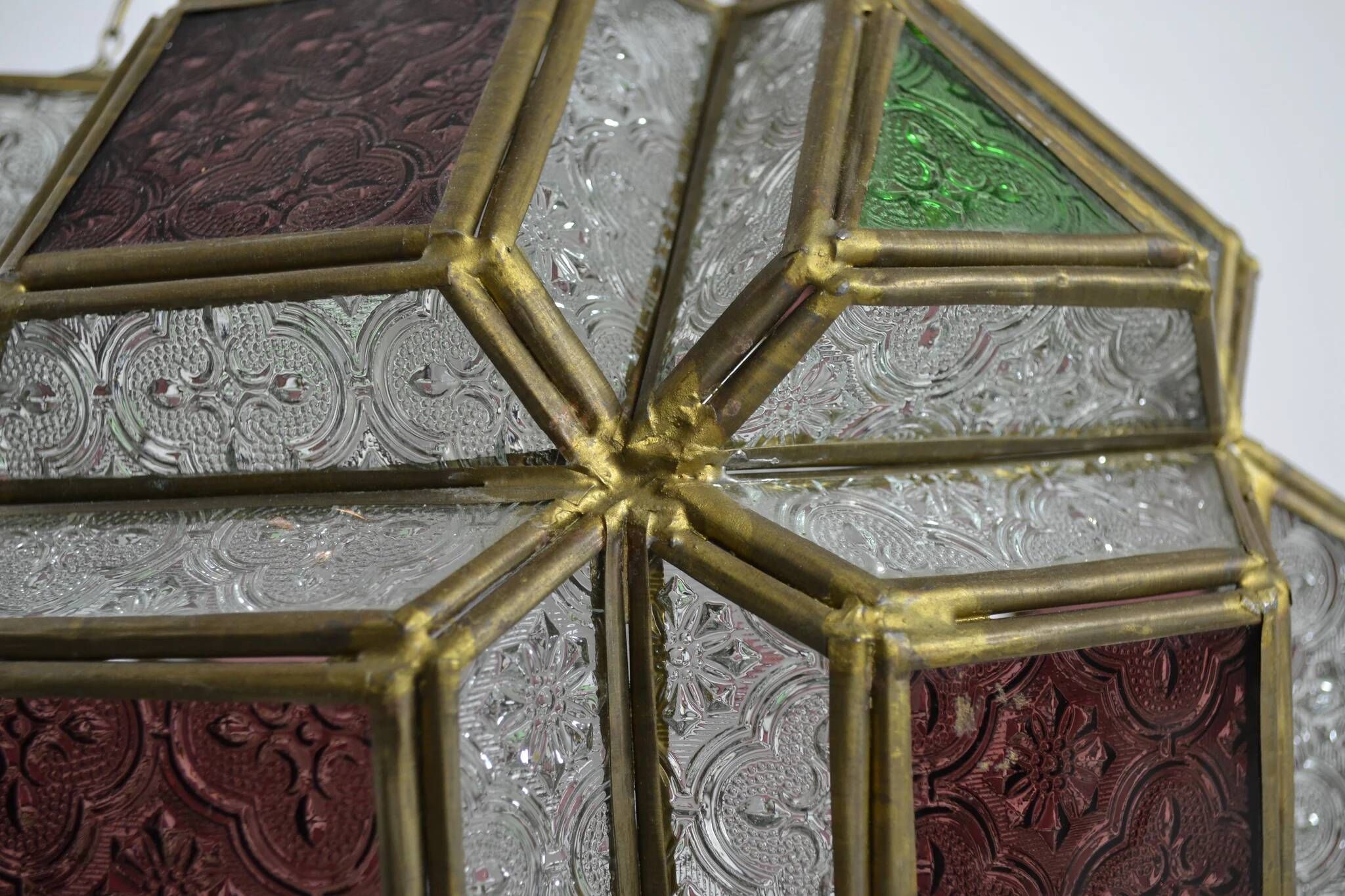 Multicolored Pressed Glass and Brass Pendant Lantern, Scandinavia, circa 1940s–1950s