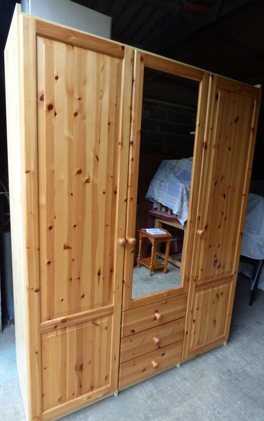 Wardrobe three doors, one with mirror, three drawers in solid pine wood