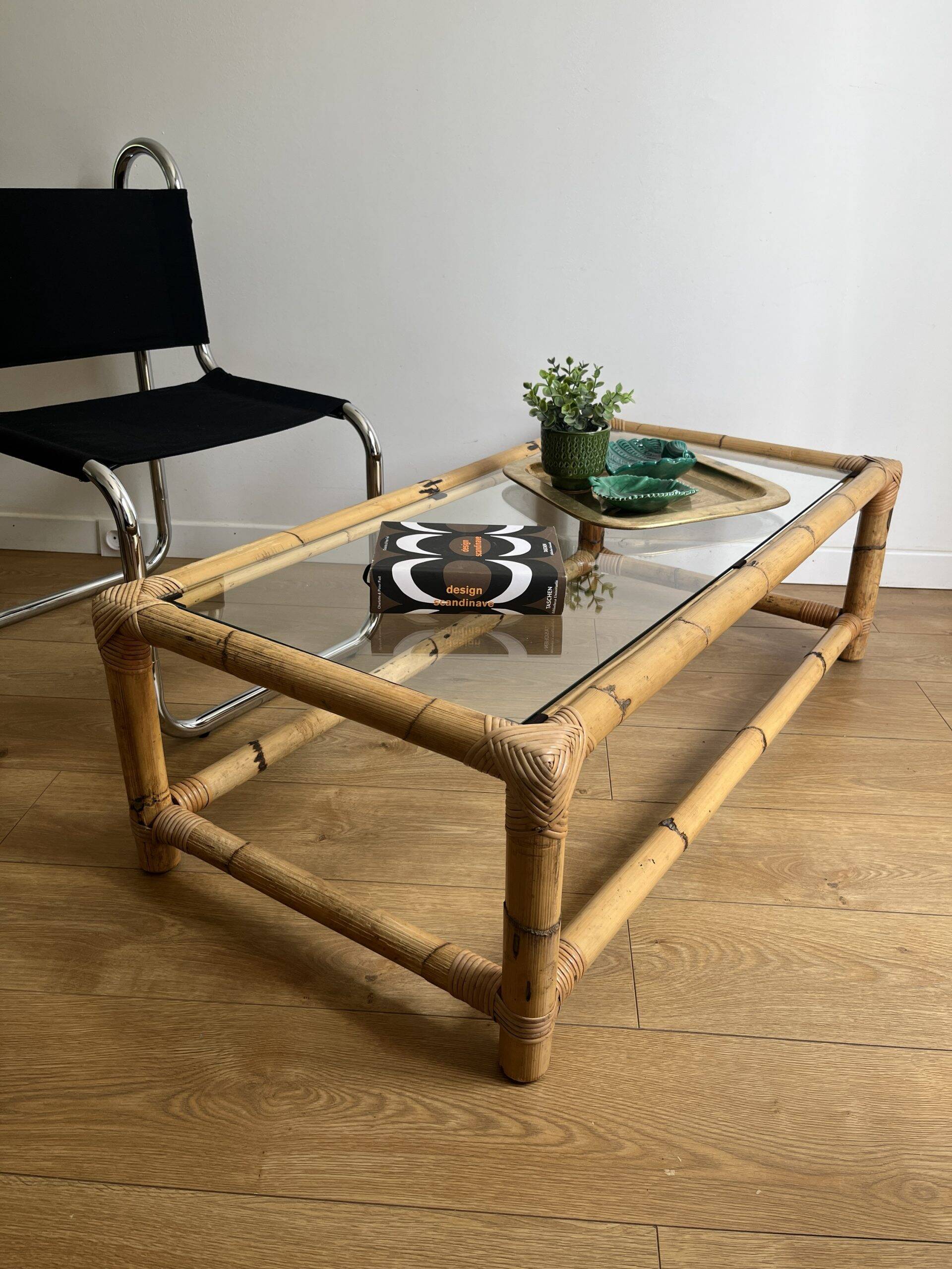 Bamboo rattan and glass coffee table