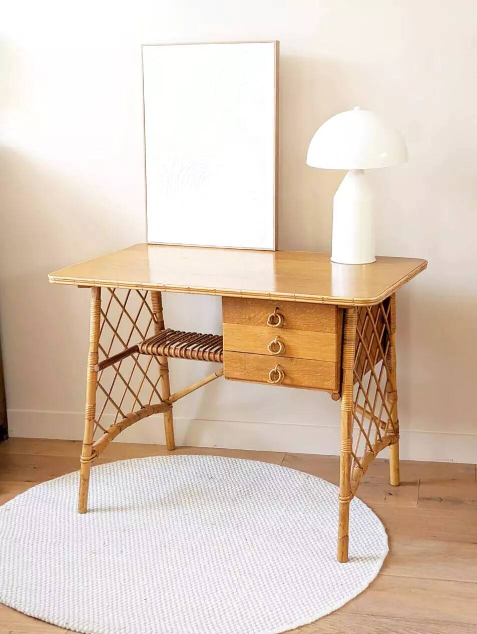 Vintage wood and rattan desk by L. Sognot