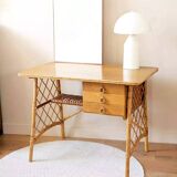 Vintage wood and rattan desk by L. Sognot