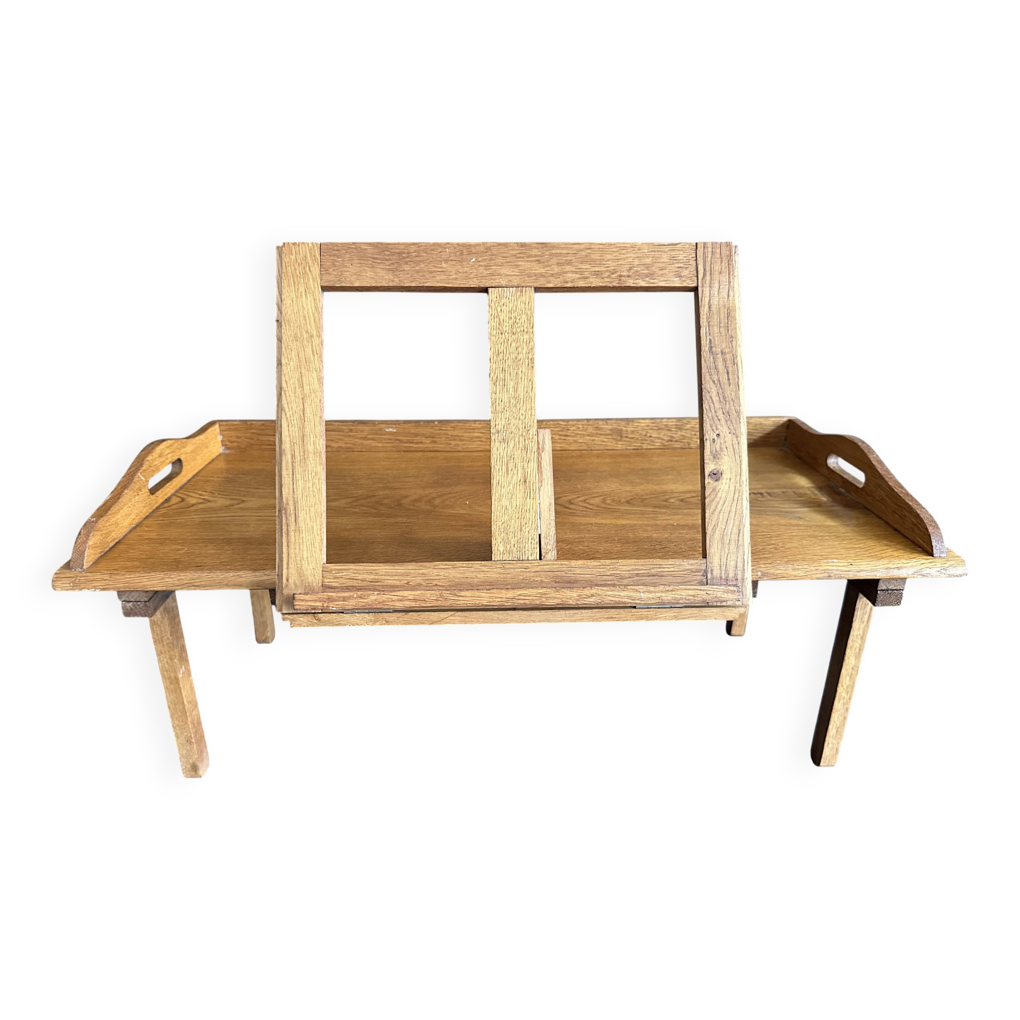 Manufrance wooden bedside table, folding tray with book holder.