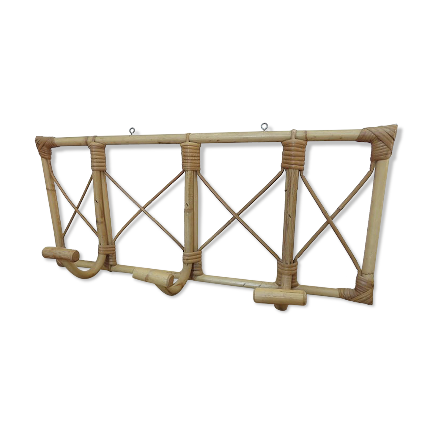 Bamboo rattan coat rack, 3 hooks 70s