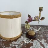 Lamp, Capodimonte, porcelain flowers, polychrome, brass leaves, cherry marble base, lampshade