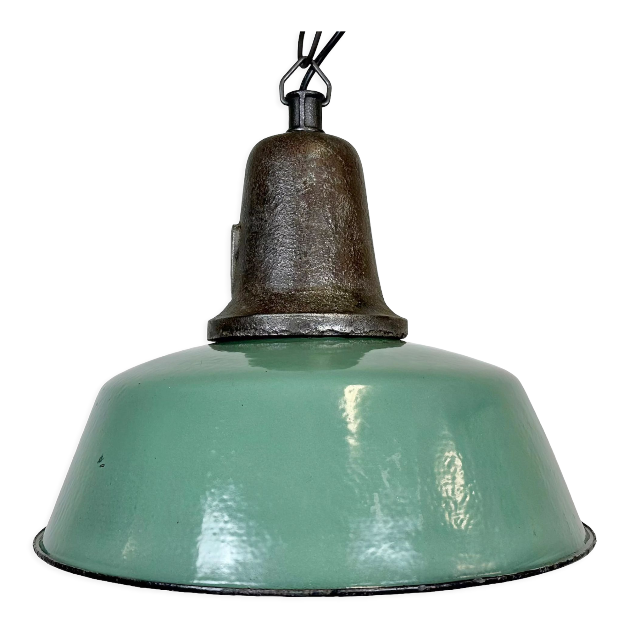 Industrial green enamel factory lamp with cast iron top, 1960s