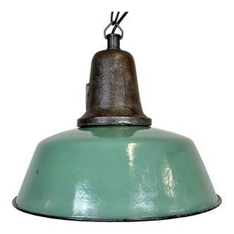 Industrial green enamel factory lamp with cast iron top, 1960s