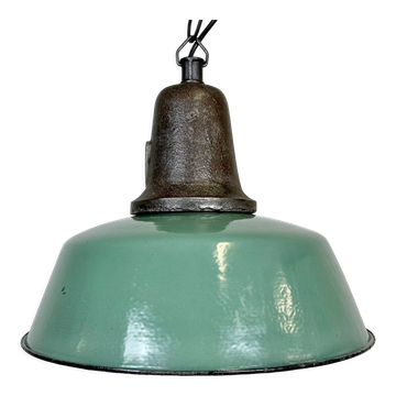 Industrial green enamel factory lamp with cast iron top, 1960s
