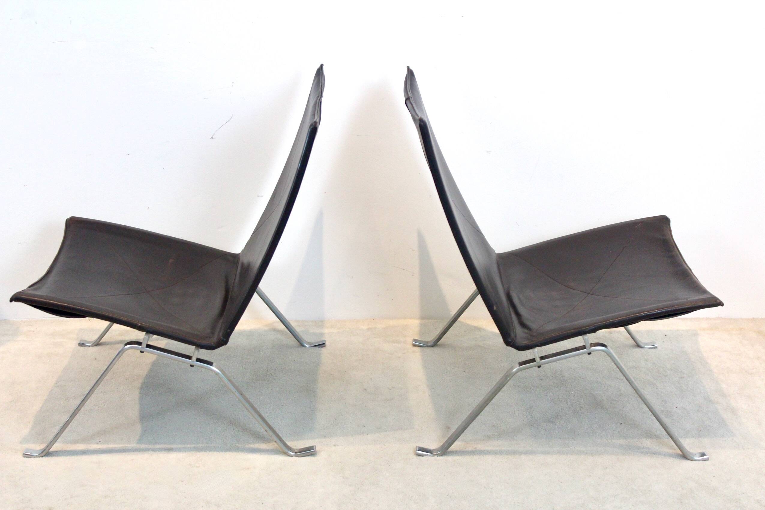 Fauteuils PK22 en cuir brun par Poul Kjærholm pour Fritz Hansen