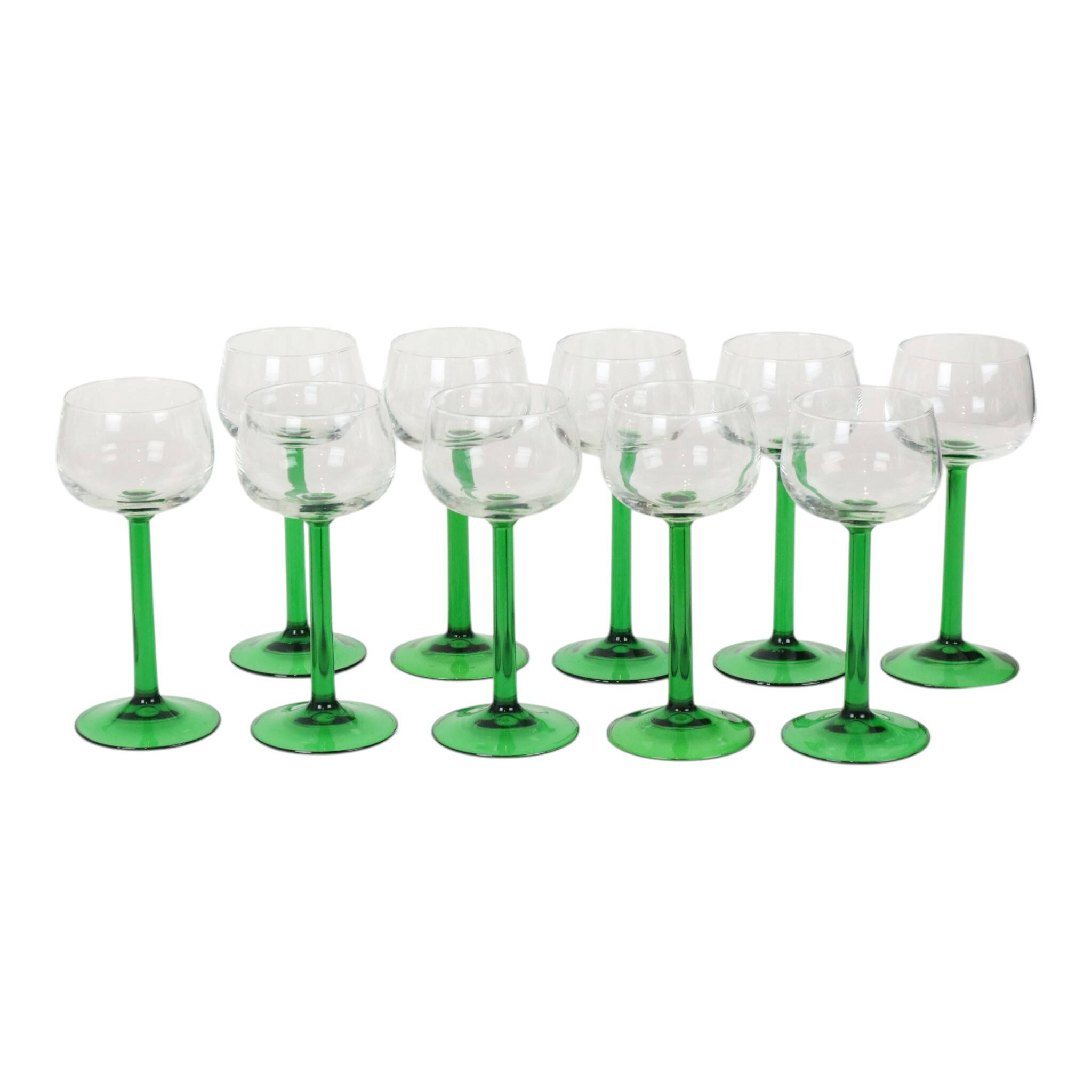 Set of 10 Vintage Luminarc Alsace Wine Glasses Thick Green Stems