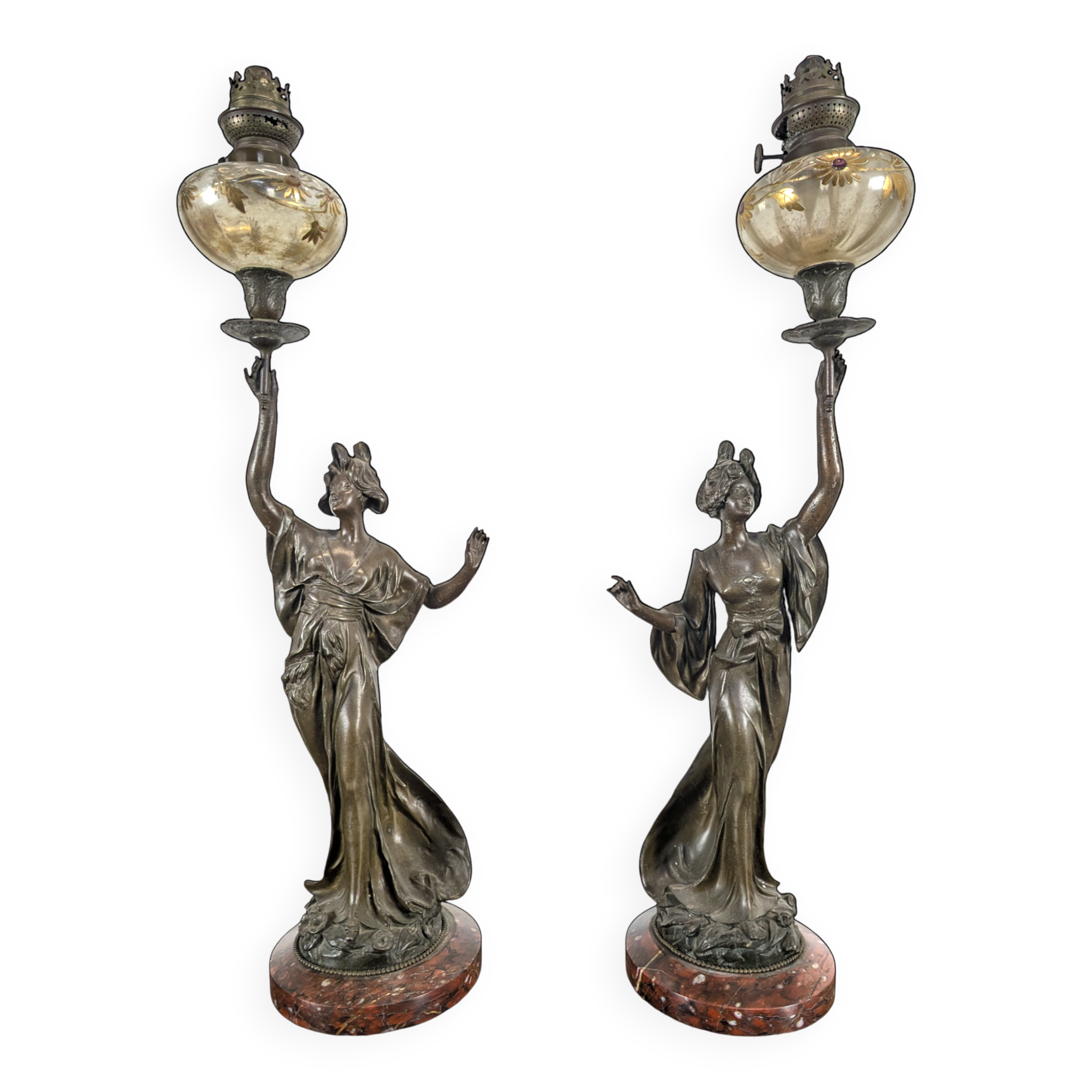 Pair of Art Nouveau oil lamps in cast iron