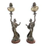 Pair of Art Nouveau oil lamps in cast iron