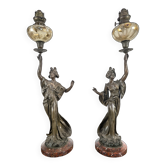 Paire de lampes à pétrole Art Nouveau en régule