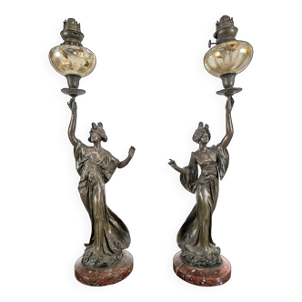 Pair of Art Nouveau oil lamps in cast iron