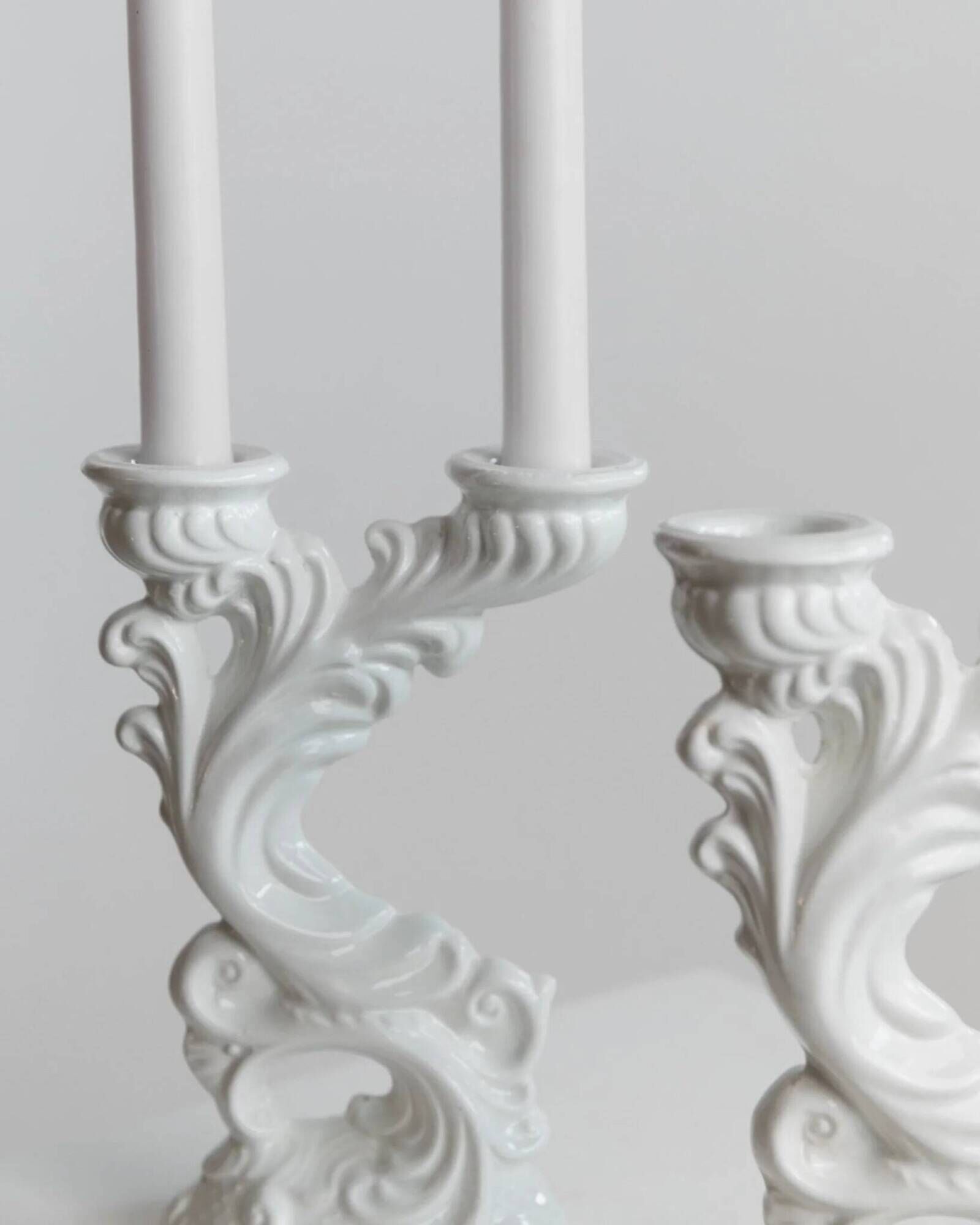 Two White Biscuit Porcelain Candleholders, Vintage Ceramic Candlesticks, Italy 1930s – Elegant Rococo-Style Decor