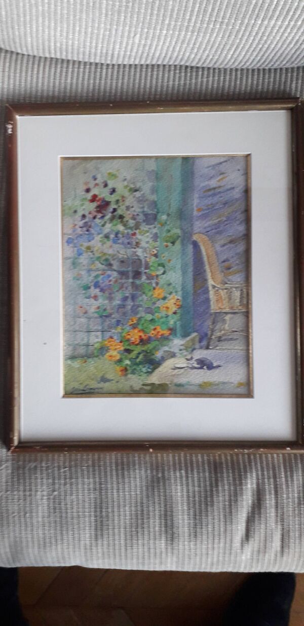 Tableau ancien représentant un paysage avec un chat